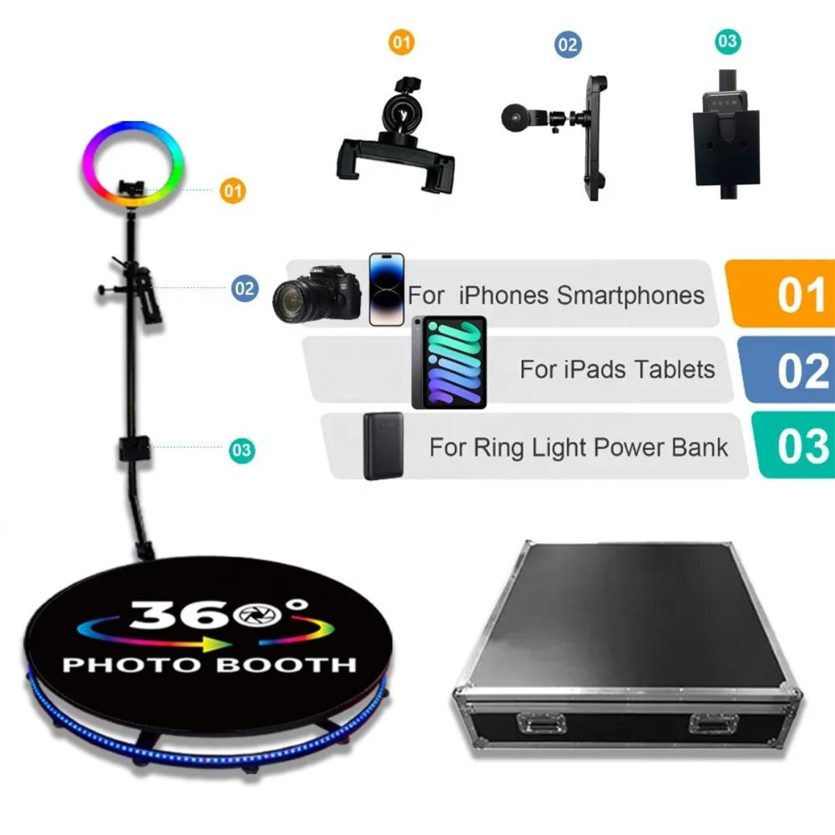 Phone or Tablet Bluetooth Slow Motion Rotating 360 Photo Booth 68cm, 80cm & 100cm with Flight Case & Props