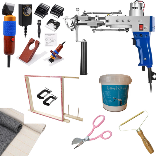 Tufting Kit includes KRT-2in1, Trimmer with Guide,  100cmx100cm Frame, 1m2 Primary Fabric, 1m2 Backing Fabric & 1 L Glue