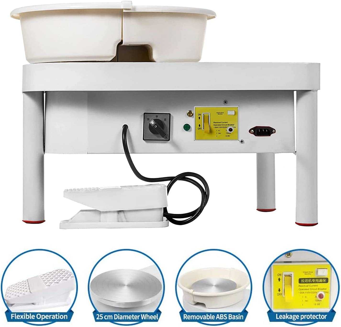 25cm Electric Pottery Wheel 350W White with Liftable Legs and Detachable Basin