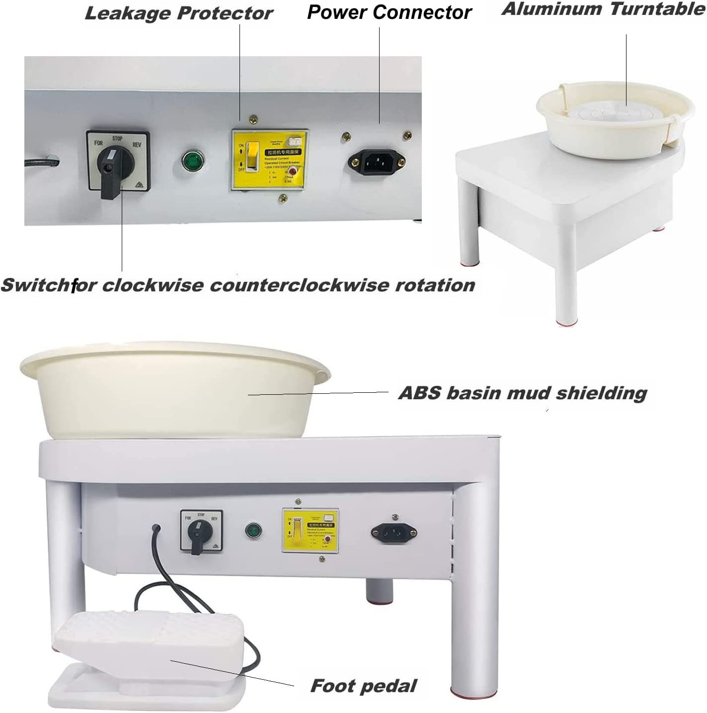 25cm Electric Pottery Wheel 350W White with Liftable Legs and Detachable Basin