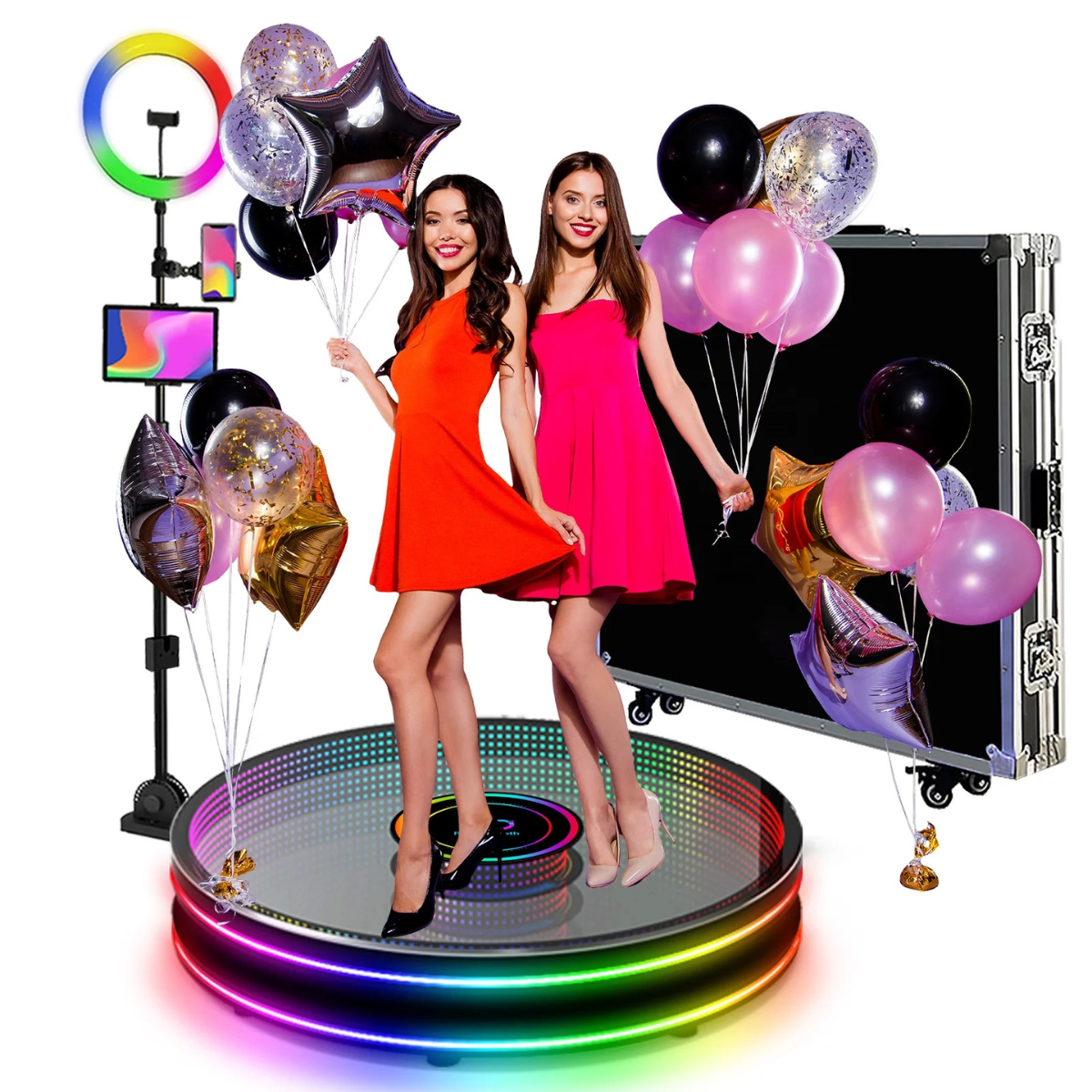 80cm 360Tempered Glass Photo Booth with Automatic Spin and a Remote Control with Variable Speed Rotating and Ring Light