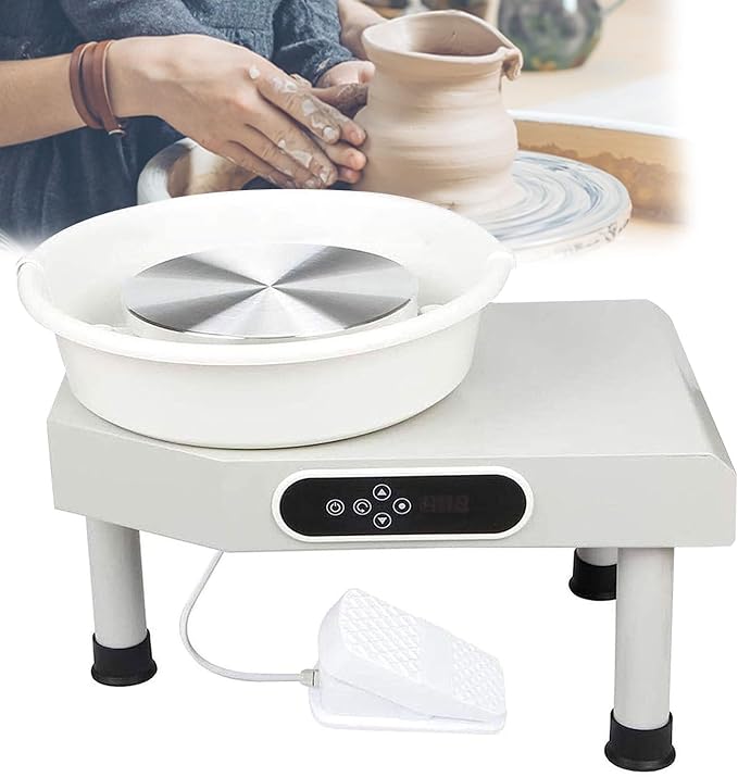 Electric Pottery Wheel 350W - White - with digital controls, foot pedal and extendable legs