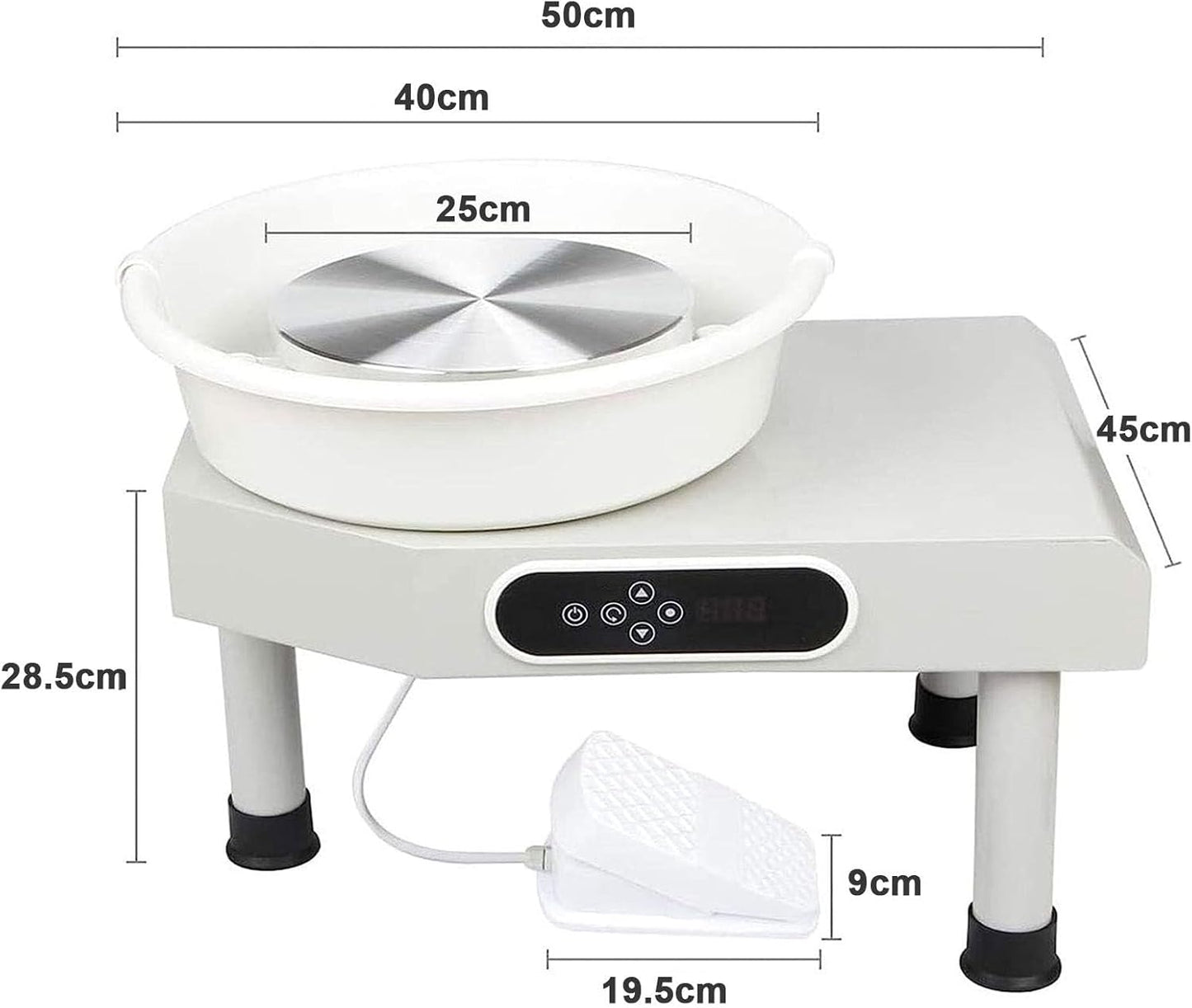 Electric Pottery Wheel 350W - White - with digital controls, foot pedal and extendable legs