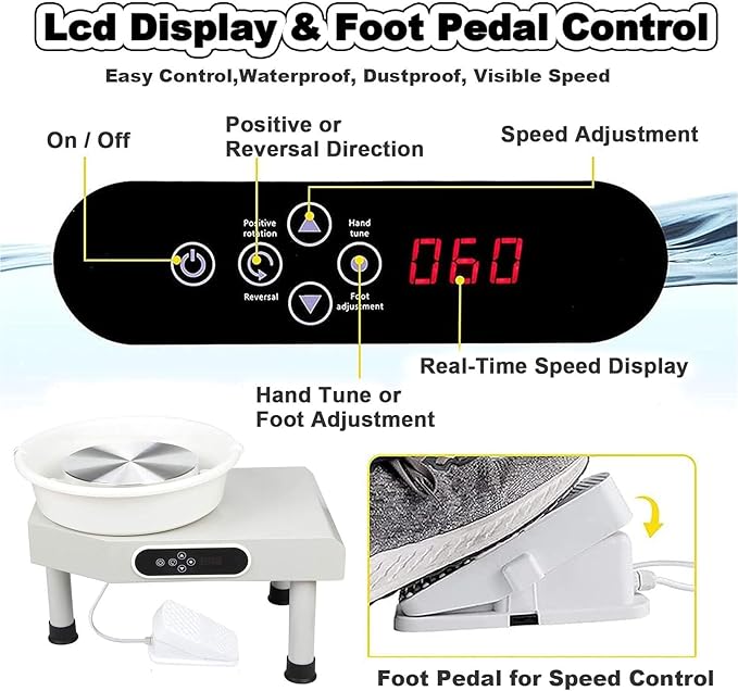Electric Pottery Wheel 350W - White - with digital controls, foot pedal and extendable legs