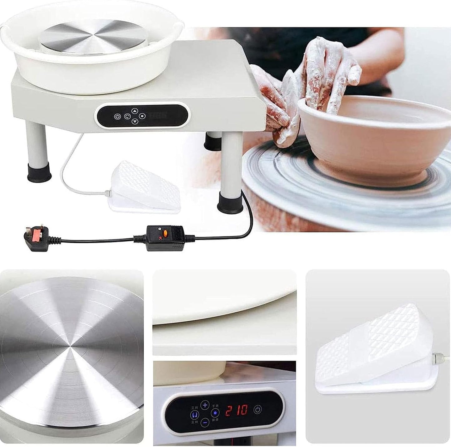 Electric Pottery Wheel 350W - White - with digital controls, foot pedal and extendable legs
