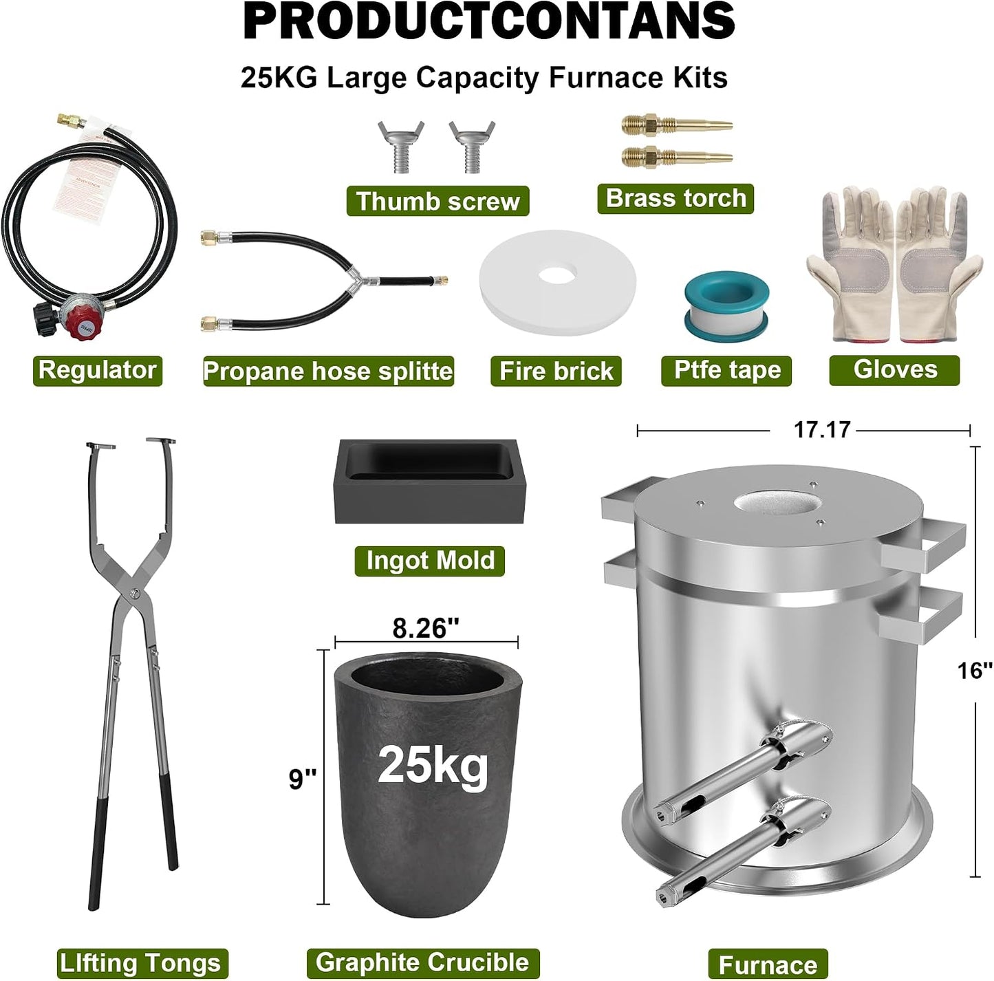 25KG Large Propane Melting Furnace Kit, 2500°F Stainless Steel | Foundry Furnace for Gold, Silver, Copper, Ideal for DIY Metal Casting, Metal Scrap Recycle and Home Foundry Project