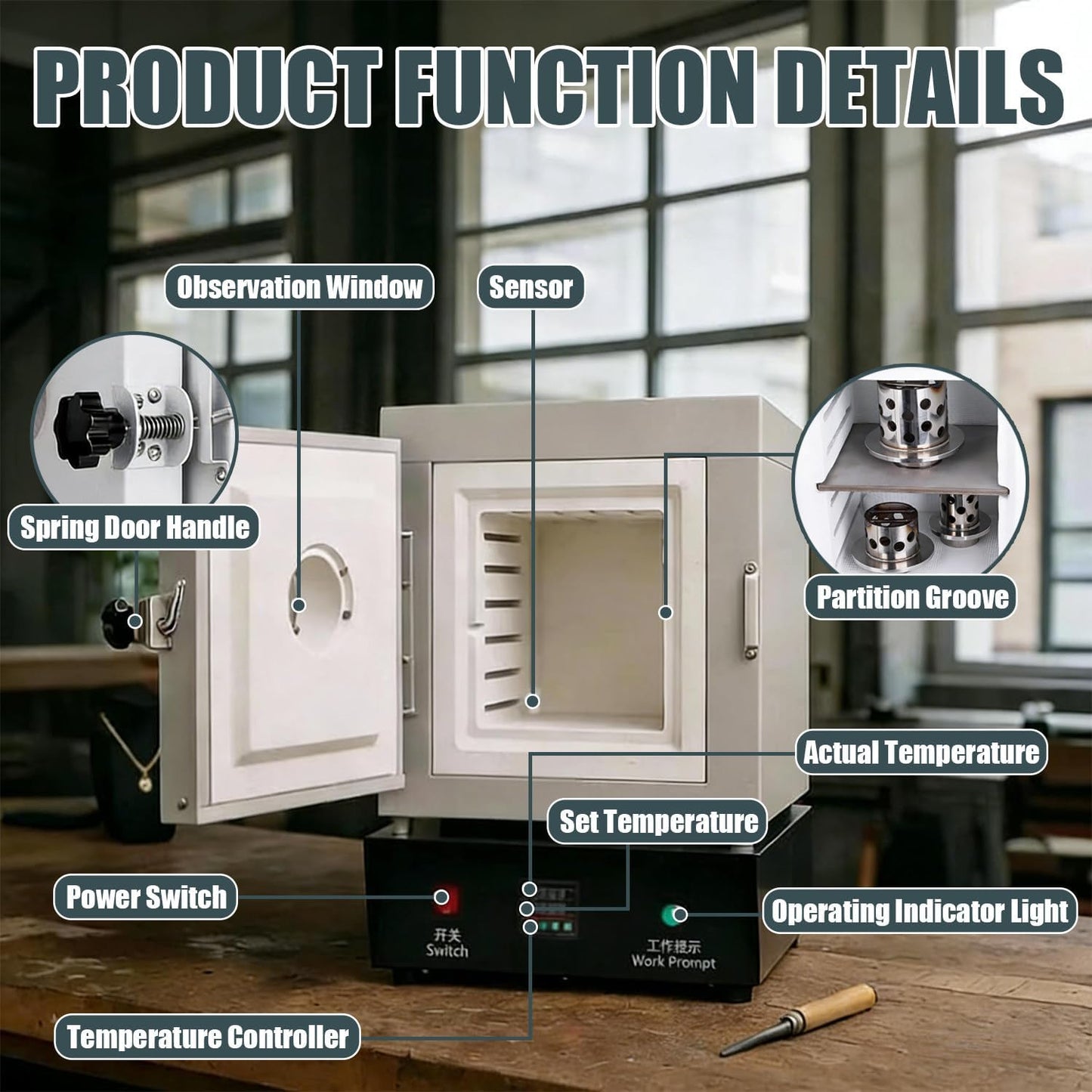 1150HFA Jewelry Casting Muffle Furnace 1500W °C Electric High Temp Control With View Window & Steel Bell