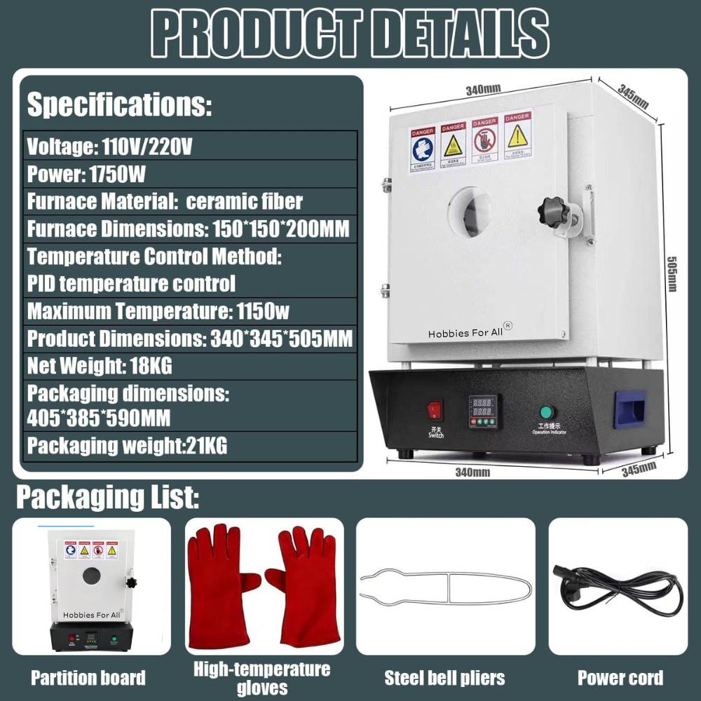 1150HFA Jewelry Casting Muffle Furnace 1500W °C Electric High Temp Control With View Window & Steel Bell