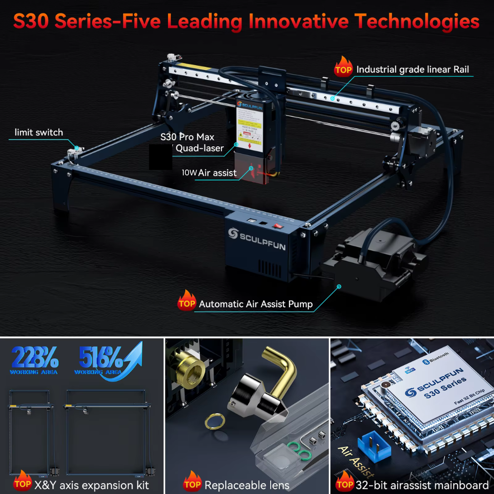SCULPFUN S30 Pro 10W Laser Engraving & Cutting Machine with Automatic Air Assist – High Precision DIY Engraver