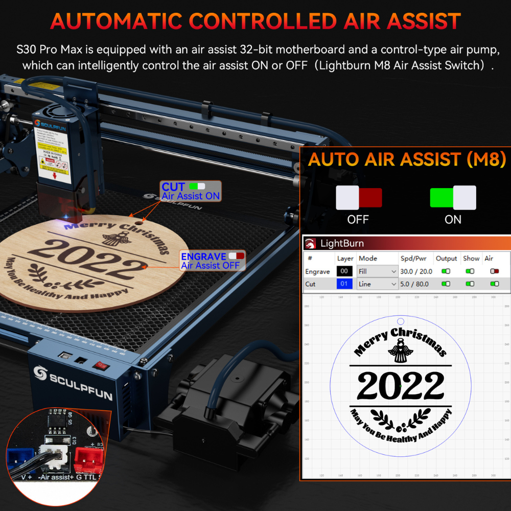 SCULPFUN S30 Pro 10W Laser Engraving & Cutting Machine with Automatic Air Assist – High Precision DIY Engraver