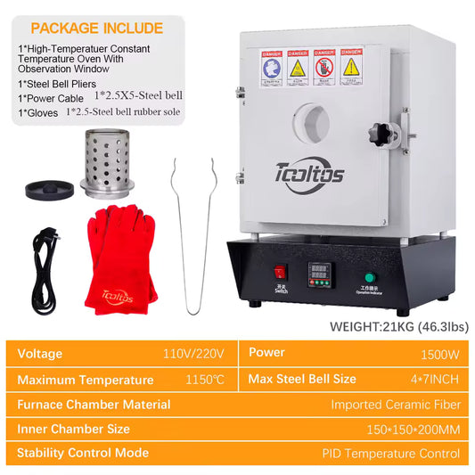 1150HFA Jewelry Casting Muffle Furnace 1500W °C Electric High Temp Control With View Window & Steel Bell