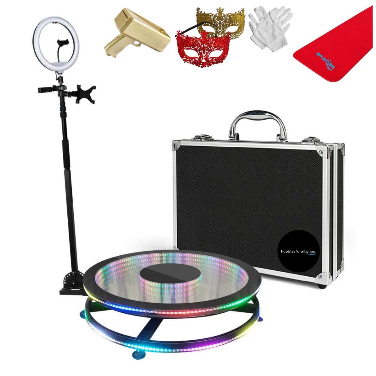 80cm 360Tempered Glass Photo Booth with Automatic Spin and a Remote Control with Variable Speed Rotating and Ring Light