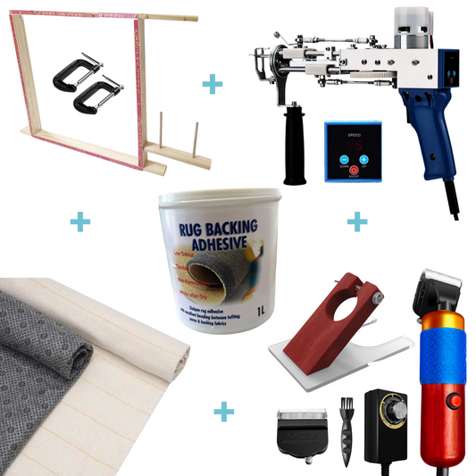 Tufting Bundle includes KRT-DUO, Trimmer with Guide,  100cmx100cm Frame, Primary Fabric, Backing Fabric & 1 L Glue