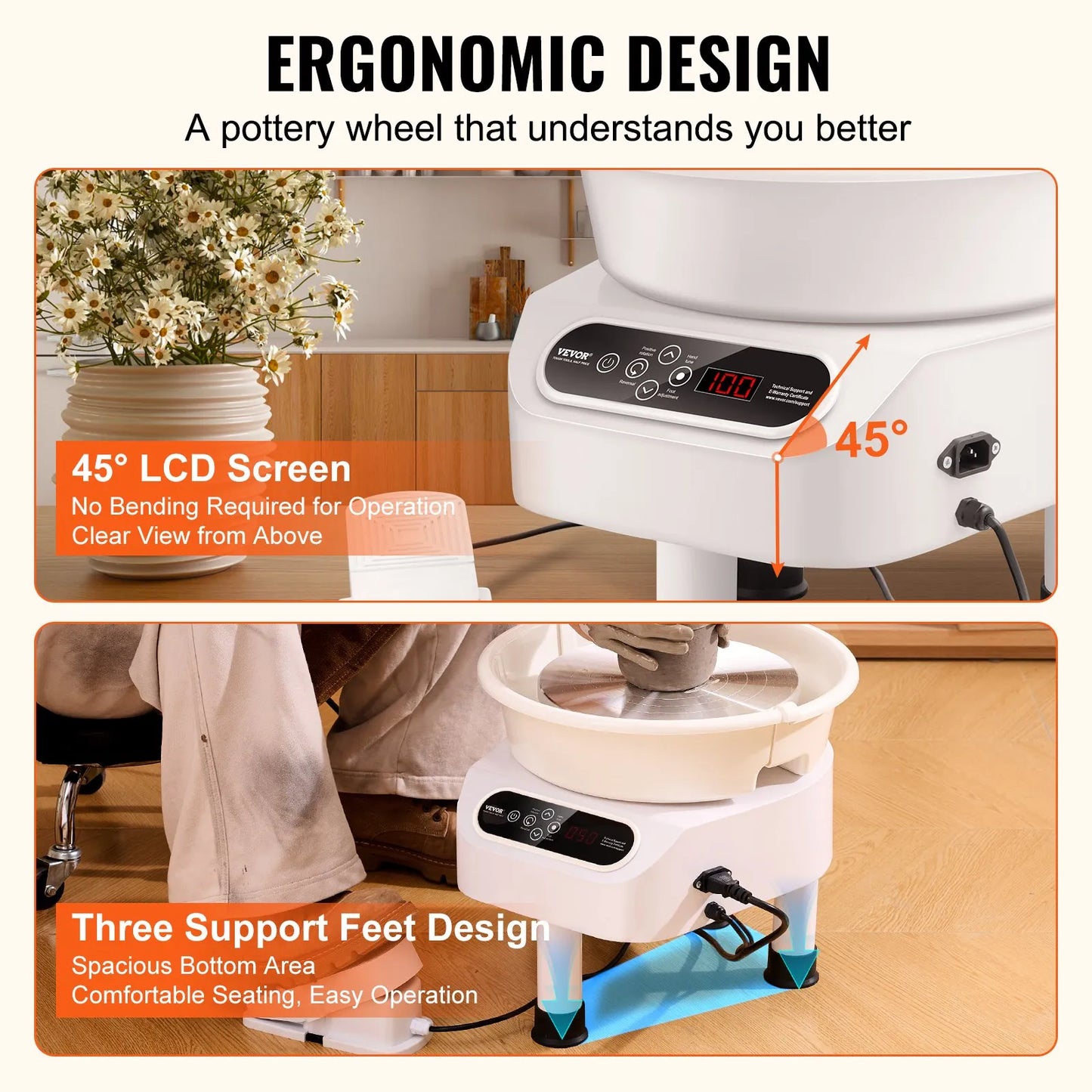 28cm Pottery Machine, 450W Electric Wheel for Pottery with Foot Pedal and LCD Touch Screen, Direct Drive Ceramic Wheel with 3 Support Legs